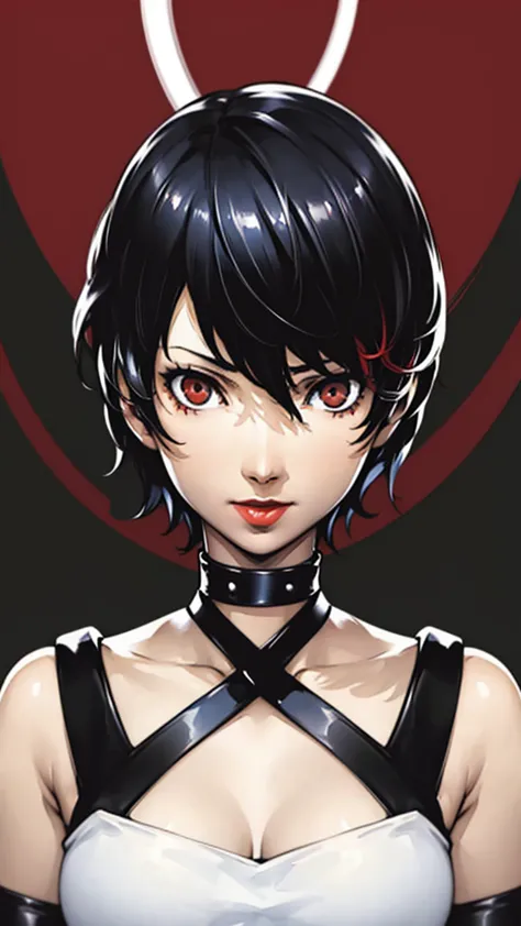 1 girl, very short hair, tomboy pixie haircut, black hair, red eyes, lipstick, black choker, face portrait, tank top, shigenori ...