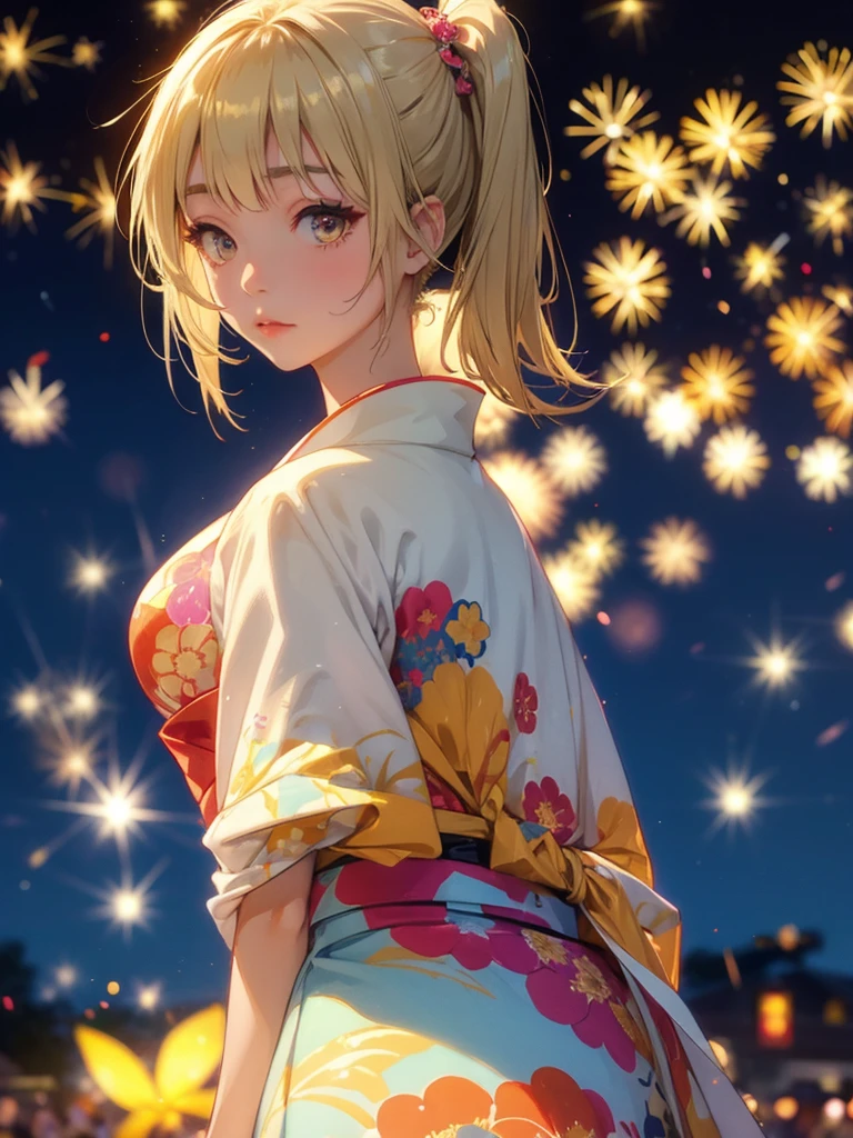 Kyoko , kimono night in firework , blonde hair, pigtailed haired,  , yellowisheyes