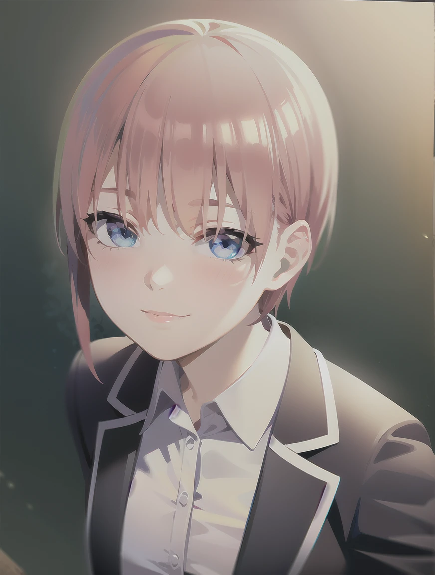 detailed shiny skin, (realistic, photo-realistic:1.4), a pretty girl, standing, looking out of window, white shirt, collared shirt, black blazer, green pleated skirt, short sleeves, slight smile (nose blush), blue eyes, short hair + pink hair + one longbstrand,  ichika \(the quintessential quintuplets\) 