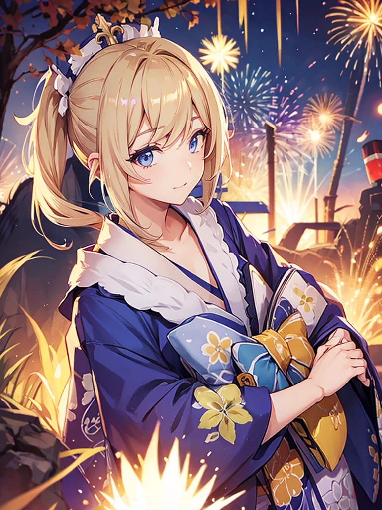 Barbara, kimono night in firework , blonde hair, pigtailed haired,  Blue eyes 