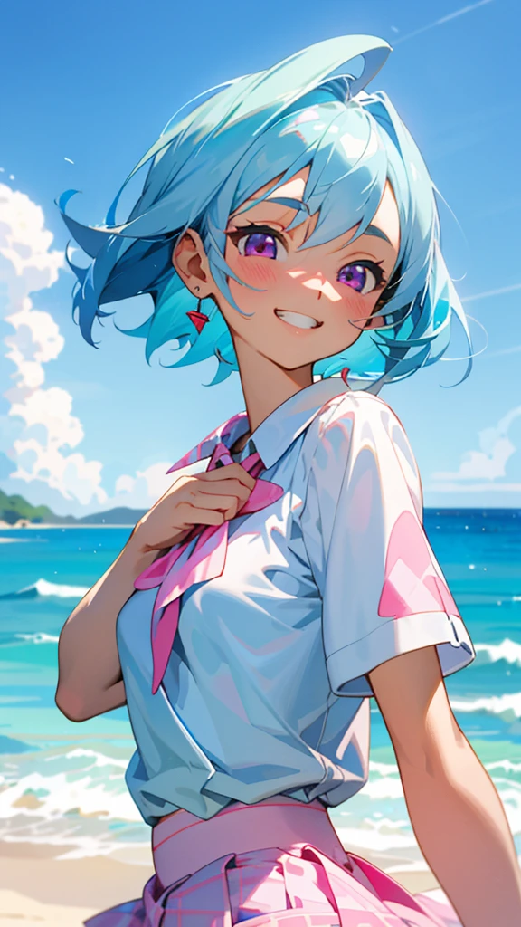 16-year-old girl、Anime style painting、Light blue hair、Pink Eyes、Small breasts、white blouse shirt、Checked mini skirt、Upper body close-up、Sandy beach background、Blue sky and white clouds、Grin、From the side、Sharp contours