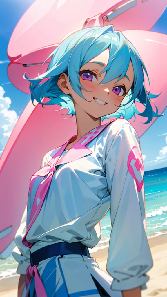 16-year-old girl、Anime style painting、Light blue hair、Pink Eyes、Small breasts、white blouse shirt、Checked mini skirt、Upper body close-up、Sandy beach background、Blue sky and white clouds、Grin、From the side、Sharp contours