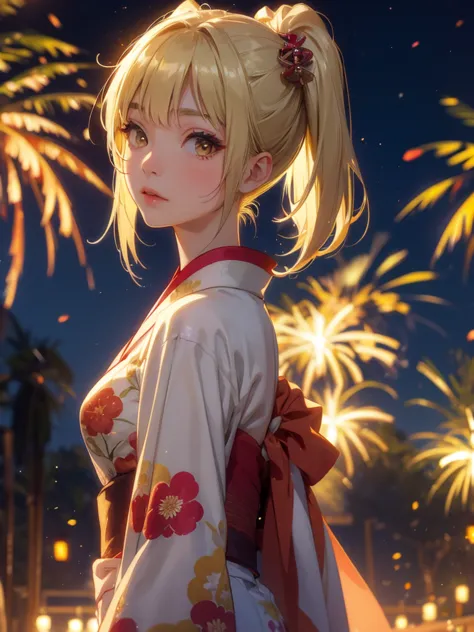 kyoko , kimono night in firework , blonde hair, pigtailed haired,  , yellowisheyes