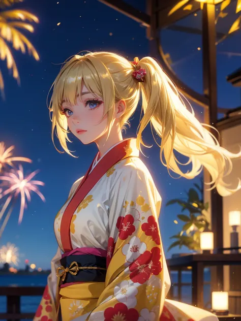 kyoko , kimono night in firework , blonde hair, pigtailed haired,  , yellowisheyes