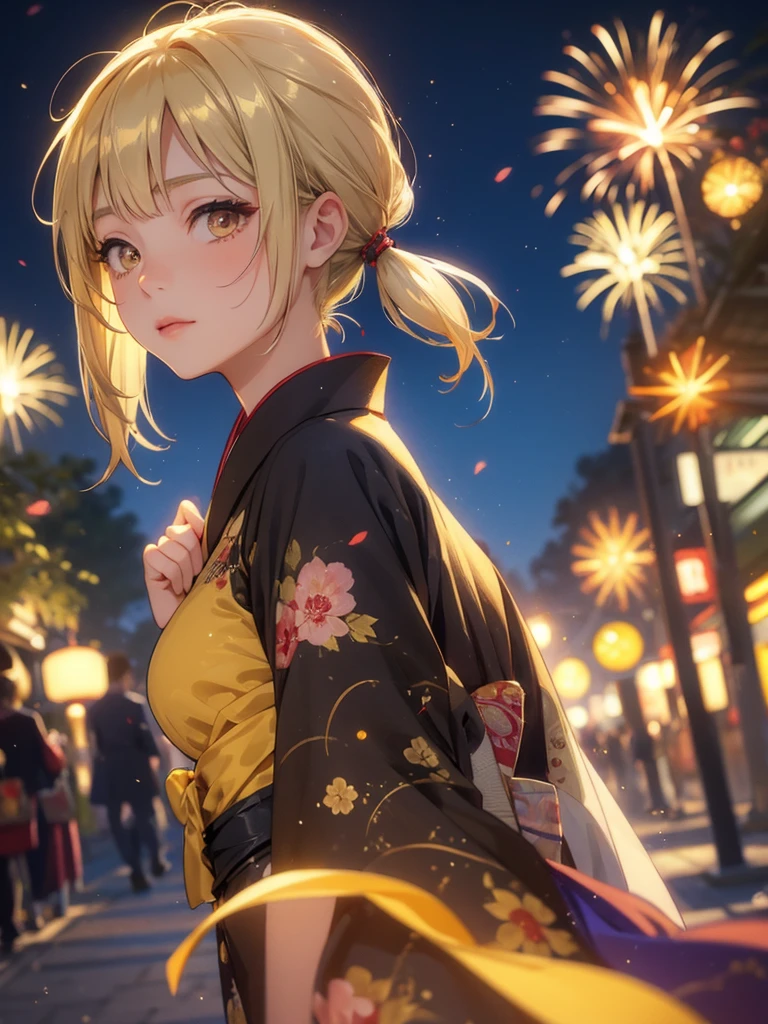 Kyoko , kimono night in firework , blonde hair, pigtailed haired,  , yellowisheyes