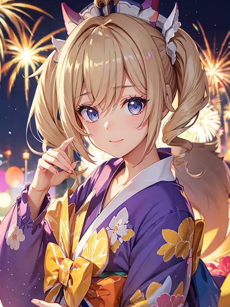 Barbara, kimono night in firework , blonde hair, pigtailed haired,  Blue eyes 