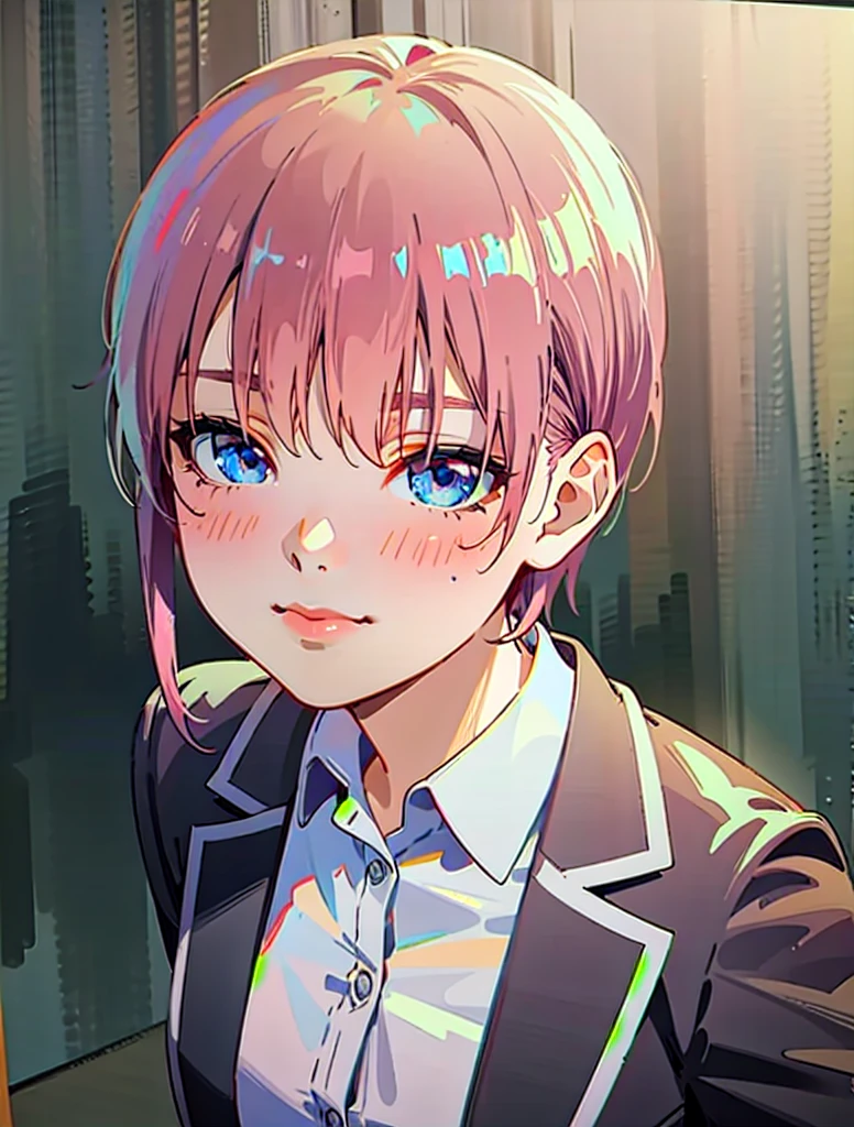 detailed shiny skin, (realistic, photo-realistic:1.4), a pretty girl, standing, looking out of window, white shirt, collared shirt, black blazer, green pleated skirt, short sleeves, slight smile (nose blush), blue eyes, short hair + pink hair + one longbstrand,  ichika \(the quintessential quintuplets\) 