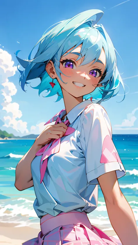 16-year-old girl、Anime style painting、Light blue hair、Pink Eyes、Small breasts、white blouse shirt、Checked mini skirt、Upper body c...