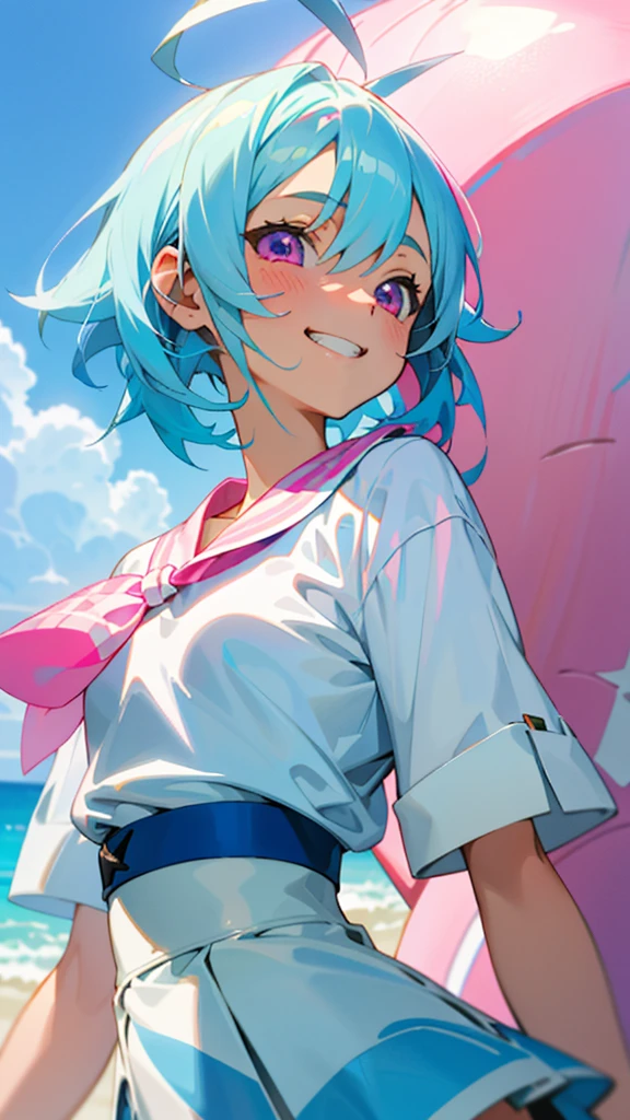 16-year-old girl、Anime style painting、Light blue hair、Pink Eyes、Small breasts、white blouse shirt、Checked mini skirt、Upper body close-up、Sandy beach background、Blue sky and white clouds、Grin、From the side、Sharp contours