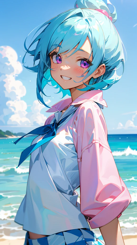 16-year-old girl、Anime style painting、Light blue hair、Pink Eyes、Small breasts、white blouse shirt、Checked mini skirt、Upper body close-up、Sandy beach background、Blue sky and white clouds、Grin、From the side、Sharp contours