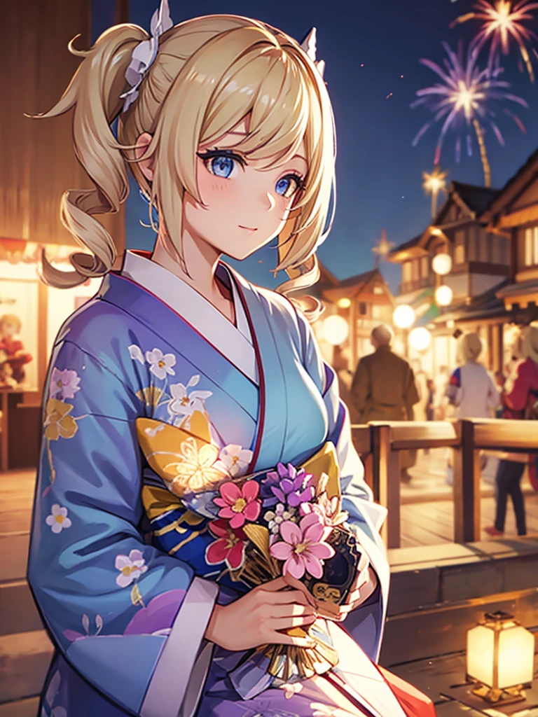 Bárbara, noche de kimono en fuegos artificiales , pelo rubio, pelo trenzado,  Blue eyes 