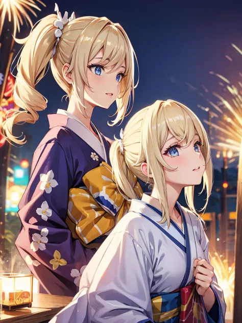 Barbara, kimono night in firework , blonde hair, pigtailed haired,  Blue eyes 