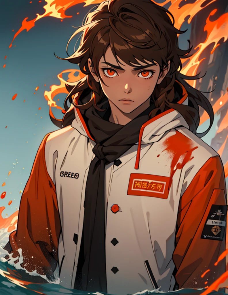 Masterpiece, Best quality, high quality, 1 man, 20 years old, One, athletic body and white skin, male focus, Looking at the viewer, upper body, long brown hair (tied hair) and long bangs, orange eyes, black closed coat with blood drops, fire and water mania around it