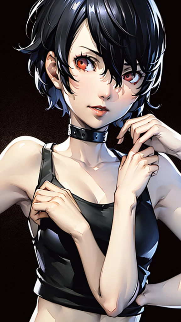 1 girl, very Short hair, tomboy Pixie haircut, black hair, red eyes, lipstick, black choker, face portrait, tank top, shigenori soejima style, perfect art