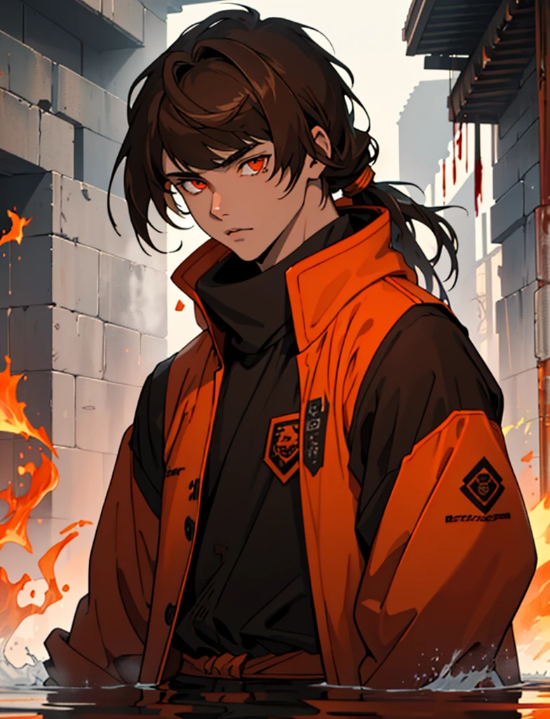 Masterpiece, Best quality, high quality, 1 man, 20 years old, One, athletic body and white skin, male focus, Looking at the viewer, upper body, long brown hair (tied hair) and long bangs, orange eyes, black closed coat with blood drops, fire and water mania around it