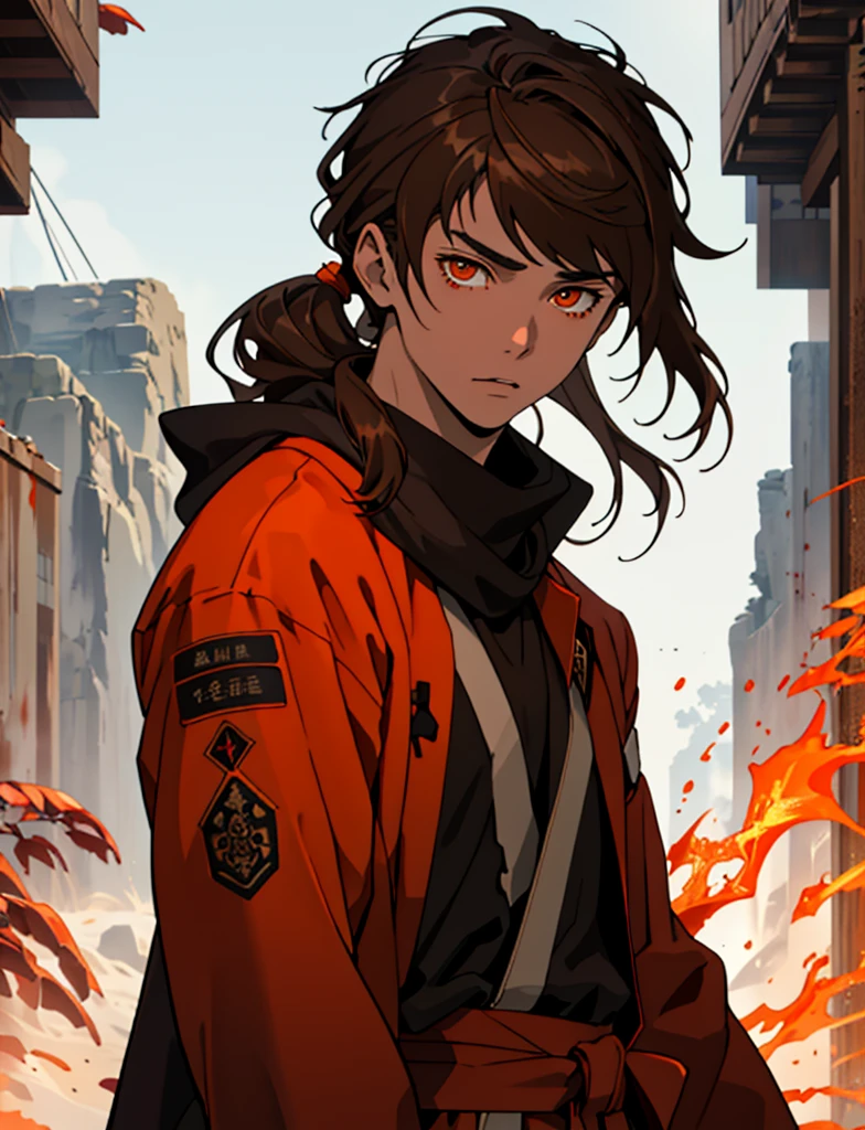 Masterpiece, Best quality, high quality, 1 man, 20 years old, One, athletic body and white skin, male focus, Looking at the viewer, upper body, long brown hair (tied hair) and long bangs, orange eyes, black closed coat with blood drops, fire and water mania around it