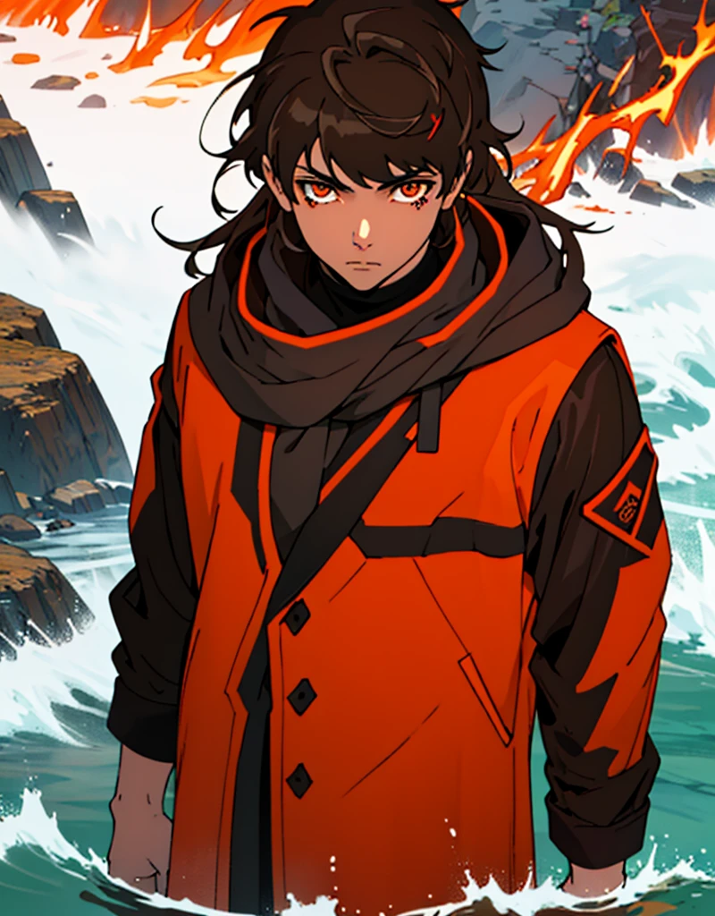 Masterpiece, Best quality, high quality, 1 man, 20 years old, One, athletic body and white skin, male focus, Looking at the viewer, upper body, long brown hair (tied hair) and long bangs, orange eyes, black closed coat with blood drops, fire and water mania around it