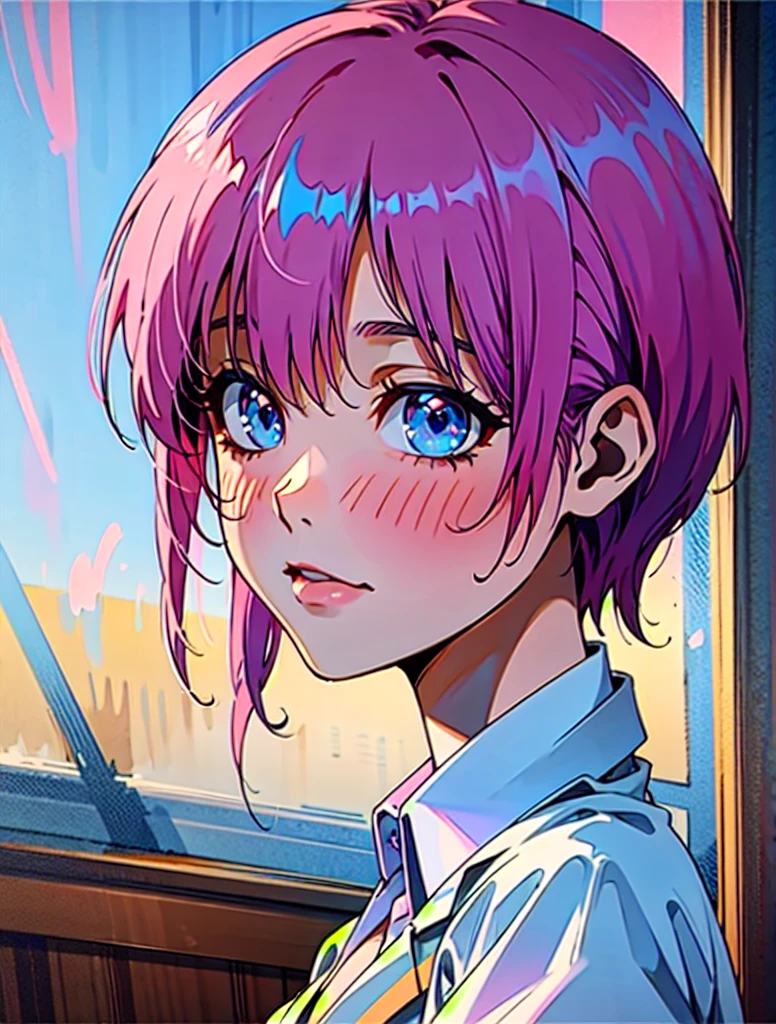 detailed shiny skin, (realistic, photo-realistic:1.4), a pretty girl, standing, looking out of window, white shirt, collared shirt, black blazer, green pleated skirt, short sleeves, slight smile (nose blush), blue eyes, short hair + pink hair + one longbstrand, ichika \(the quintessential quintuplets\)      AAAAAA  (​masterpiece、top-quality、watercolor paiting)、Official art、splendid, colorful, magical photography, dramatic lighting, Ichika Nakano, short pink hair, blue eyes, nakano_ichika, collared white shirt slightly umbuttoned, Heart, iridescent, cute, crystal, love, blushing, sweet expression, splendid delicate dress, 