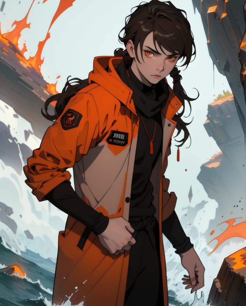 Masterpiece, Best quality, high quality, 1 man, 20 years old, One, athletic body and white skin, male focus, Looking at the viewer, upper body, long brown hair (tied hair) and long bangs, orange eyes, black closed coat with blood drops, fire and water mania around it