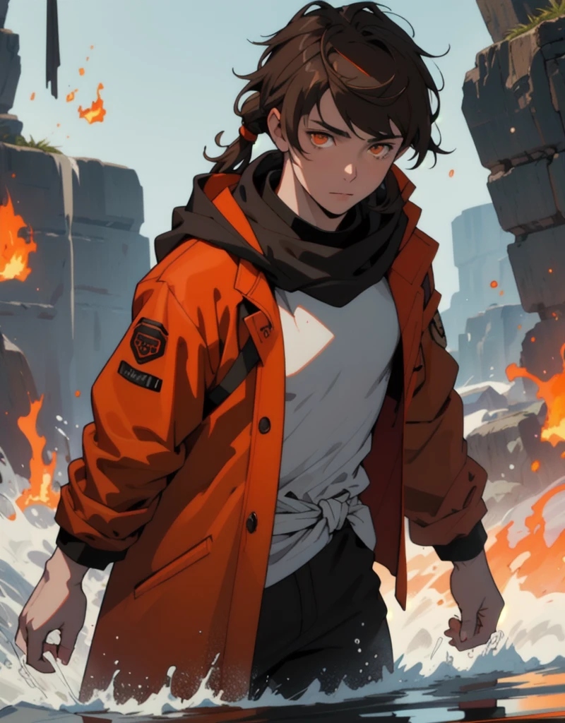 Masterpiece, Best quality, high quality, 1 man, 20 years old, One, athletic body and white skin, male focus, Looking at the viewer, upper body, long brown hair (tied hair) and long bangs, orange eyes, black closed coat with blood drops, fire and water mania around it