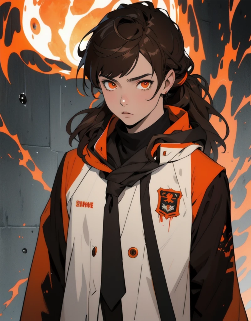 Masterpiece, Best quality, high quality, 1 man, 20 years old, One, athletic body and white skin, male focus, Looking at the viewer, upper body, long brown hair (tied hair) and long bangs, orange eyes, black closed coat with blood drops, fire and water mania around it