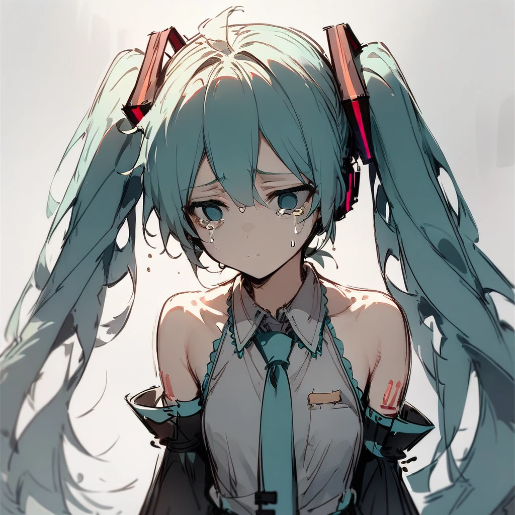 1girl, solo, rating_safe, hatsune miku, sad, detached sleeves, necktie, collared shirt,