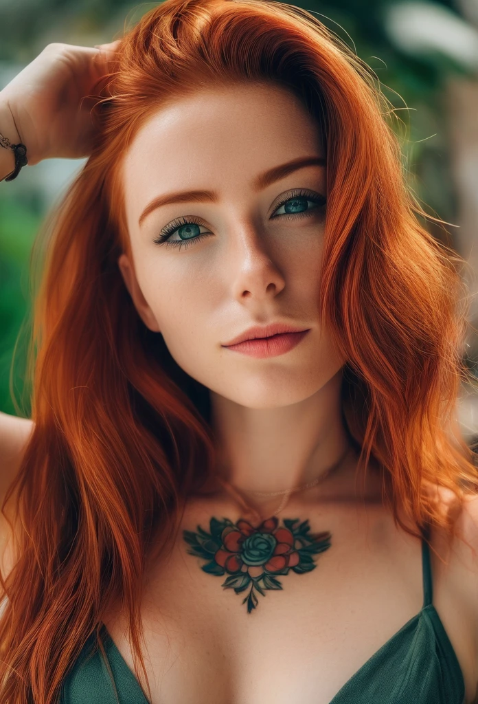 A 24-year-old young woman, green eyes, model, natural red hair, with a gorgeous hairstyle and a gorgeous face, with a figurine body, natural medium breasts, slim waist wearing a fashion dress with tatoo
