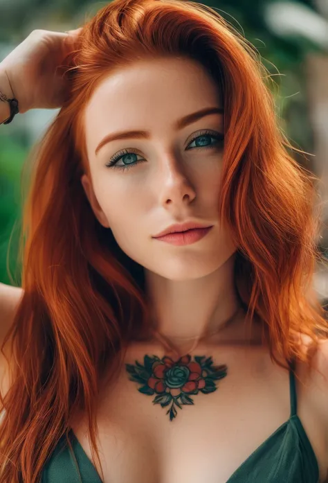 A 24-year-old young woman, green eyes, model, natural red hair, with a gorgeous hairstyle and a gorgeous face, with a figurine b...