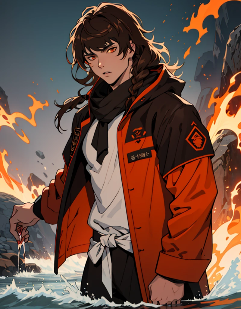 Masterpiece, Best quality, high quality, 1 man, 20 years old, One, athletic body and white skin, male focus, Looking at the viewer, upper body, long brown hair (tied hair) and long bangs, orange eyes, black closed coat with blood drops, fire and water mania around it