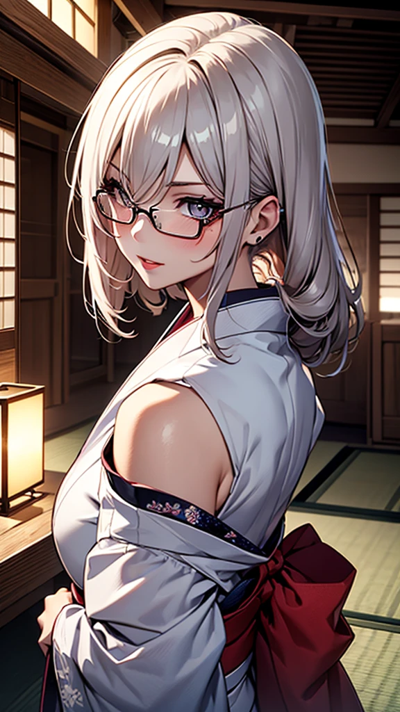 (1girl:1.3), Masterpiece, Best quality, amazing beauty, [[3D]], 4K, absurdres, finely detail, super detailed eye, perfect anatomy, official art, cinematic lighting, BREAK, ryokan, tatami, silky long hair, silver hair, super shiny detailed black eyes, big eyes, tareme, cute eyes, thin eyebrow, Staring, close-mouth, thin lips, smirk, mascara, rouge, Eyeliner, red lips, red eyewear, blush, BREAK, tall, slender, tanlines, She turns around and shows her back, bare shoulders, BREAK ,(white kimono:1.2), 35mm lens f/1