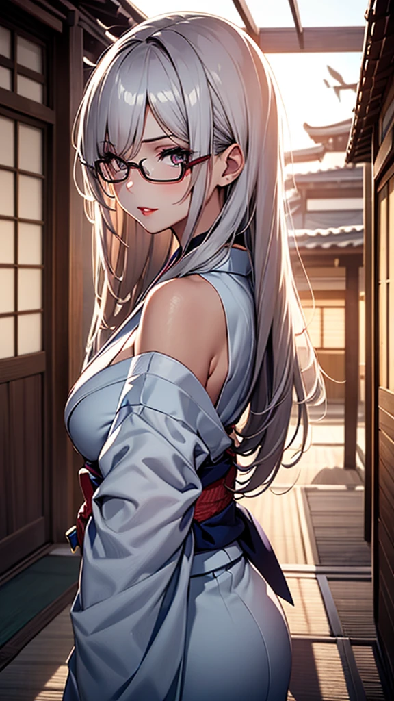 (1girl:1.3), Masterpiece, Best quality, amazing beauty, [[3D]], 4K, absurdres, finely detail, super detailed eye, perfect anatomy, official art, cinematic lighting, BREAK, ryokan, tatami, silky long hair, silver hair, super shiny detailed black eyes, big eyes, tareme, cute eyes, thin eyebrow, Staring, close-mouth, thin lips, smirk, mascara, rouge, Eyeliner, red lips, red eyewear, blush, BREAK, tall, slender, tanlines, She turns around and shows her back, bare shoulders, BREAK ,(white kimono:1.2), 35mm lens f/1