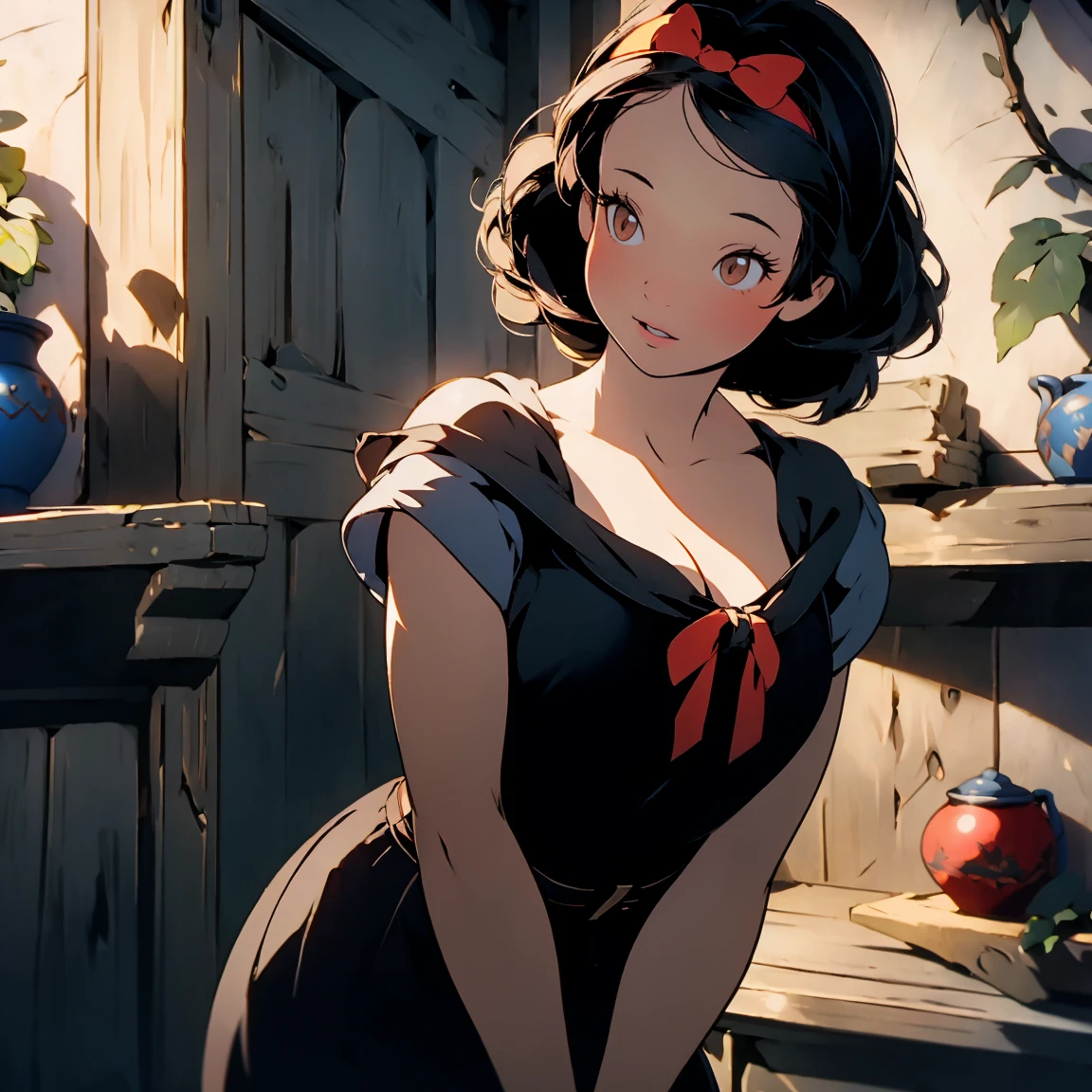 (masterpiece, best quality), medium shot, 1girl, indoors, big breast, H-cup, good breast, beautiful, gorgeous ,large breast, cleveage, expressive eyes, perfect face, Snow white, disney modern style, short black hair, red bow