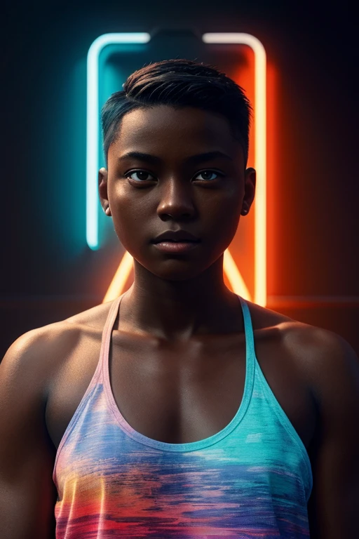 Dark skinned muscular tomboy girl with undercut hair, illustrated by aoiro studio and masaaki komori, hyper detailed, neon lights, cinematic lighting, matte painting, illustrated in an oil painting style, trending on artstation, contemporary art, surrealistic and dreamlike atmosphere.