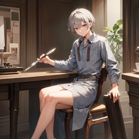 masterpiece, highest quality, 4k images,jett1 person,gray hair, precision eyes, alone, holding a knife,sitting in a chair,i&#39;...