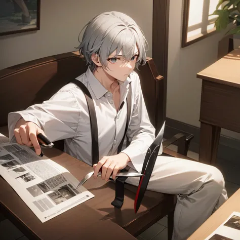 masterpiece, highest quality, 4k images,jett1 person,gray hair, precision eyes, alone, holding a knife,sitting in a chair,i&#39;...