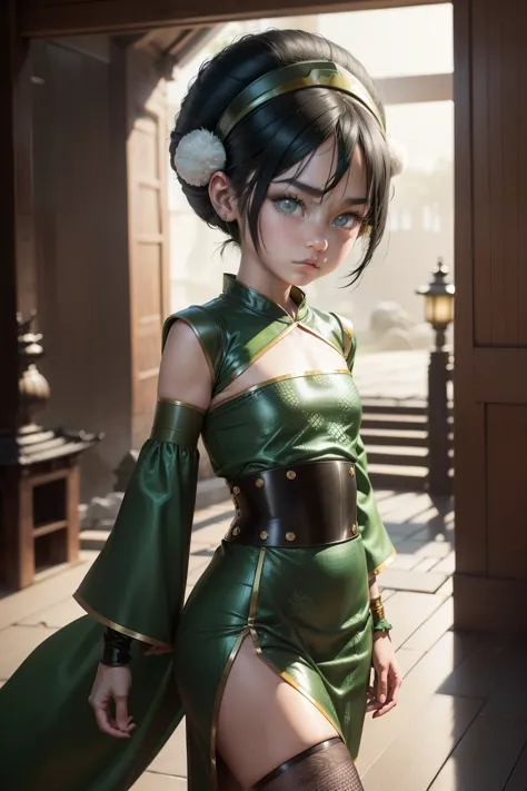 Ultra detailed , 10 year old  girl ,beautiful face , delicada ,Toph beifong ,  ,japonese  girl ,1girl , flat chest , green chine...