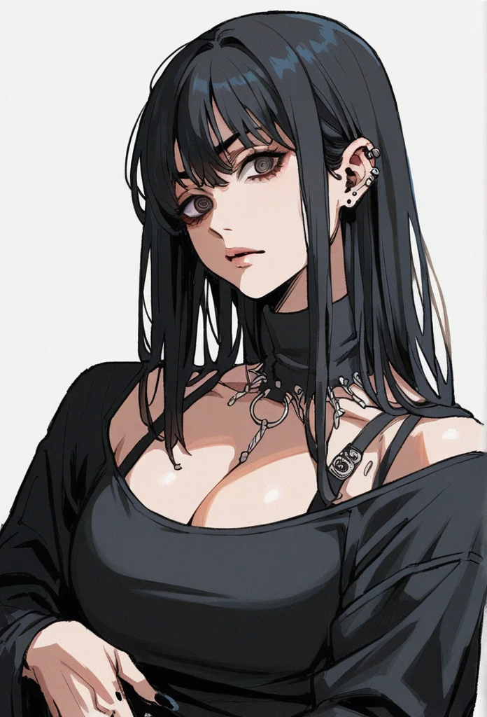 Long hair, dark eyes, large bust , piercings, Sharp eyes, bangs, black hair, woman, Black clothes