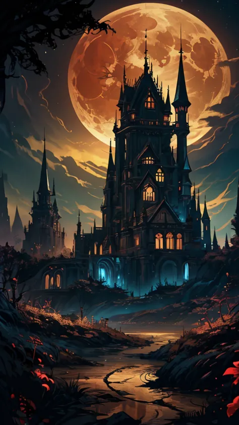 Visually rich anime concept art illustration of a extremely detailed ominous gothic castle at night in an overgrown and magical ...