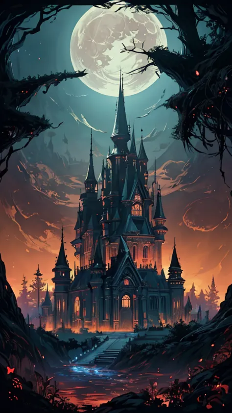 Visually rich anime concept art illustration of a extremely detailed ominous gothic castle at night in an overgrown and magical ...
