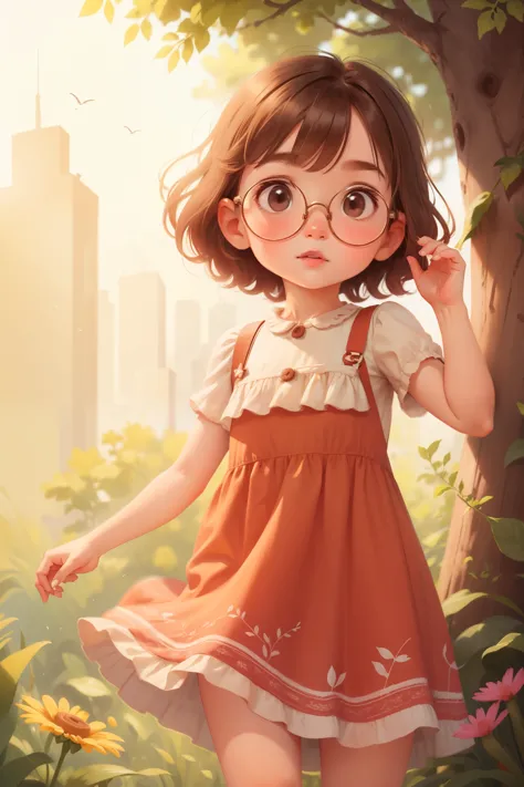 adventure，Girl in a short summer dress，5 years old，Short brown hair，Various poses，Glasses，