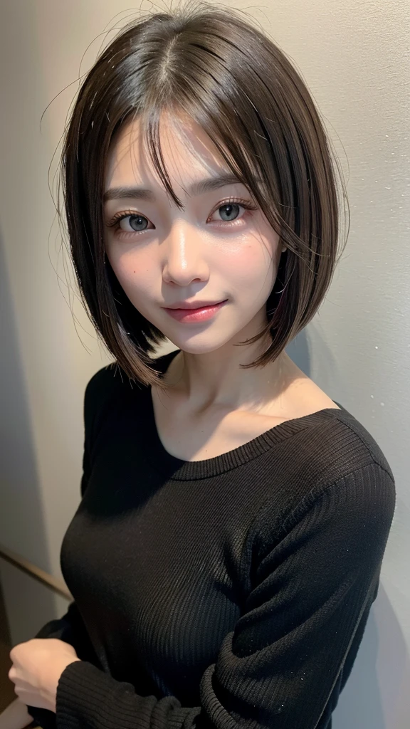(((Close-up of face)))、(((Absolutely shoulder-length brown straight short bob)))、(((She is posing like a hair salon model, with a black wall indoors as the background.)))、(((Casual black winter long sleeves with shoulders covered)))、Half Japanese, half Korean、18 year old girl、Standing Alone、Looking forward、Light eye makeup、Brown Hair Color、Flat and 、Hair blowing in the wind、Actress Quality、Glossy, ultra-realistic face、Smiling face、Watery eyes、Gazing Up、Subtle lighting effects、 Ultra-Realistic Capture、Very detailed、High resolution 16K close up of human skin。Skin texture must be natural、The details must be such that pores can be clearly seen、The skin is healthy、Uniform tone、Use natural light and colors、A worn-out, high-quality photo taken by a model agency&#39;s in-house photographer.、smile、(((SIGMA 300 mm F/1.4,1/1000 sec shutter,ISO 400))) 