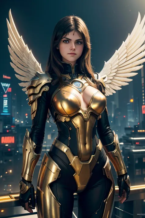 Alexandra Daddario, masterpiece,(bestquality),highlydetailed,ultra-detailed,1girl,(mechanicalwings:golden,glowingeyes:blue,golde...