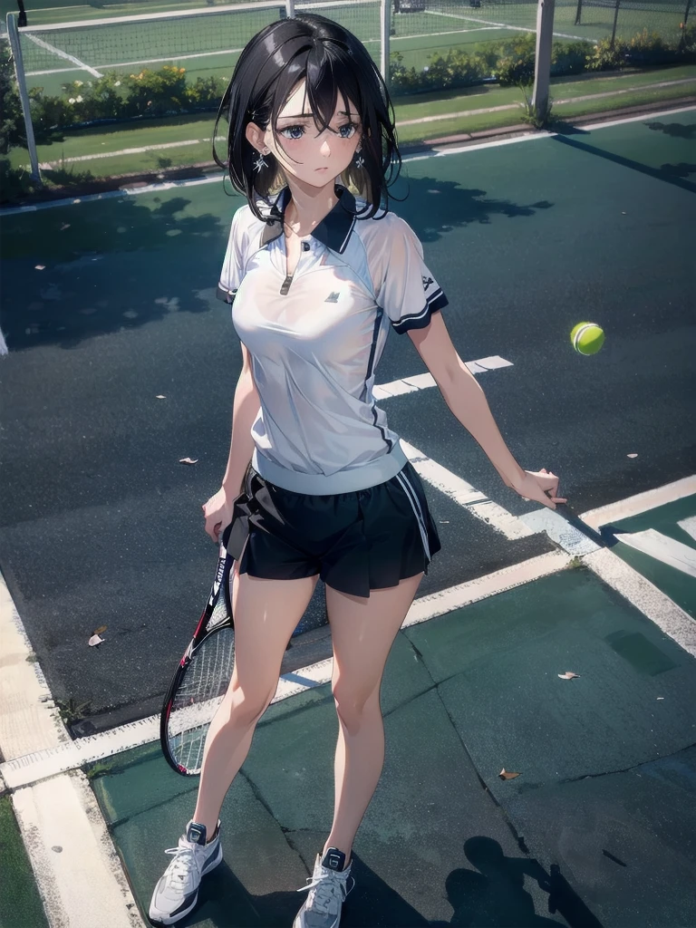 absurdres, RAW photo, extremely delicate and beautiful, masterpiece, Best Quality, ultra high resolution, 32k, hyperrealistic, ultra-detailed, in her 20s, delicate facial features, tearful mole, earring, medium breasts, full body shot, shorter middle hair, black hair, tennis uniform, shirt, shorts,