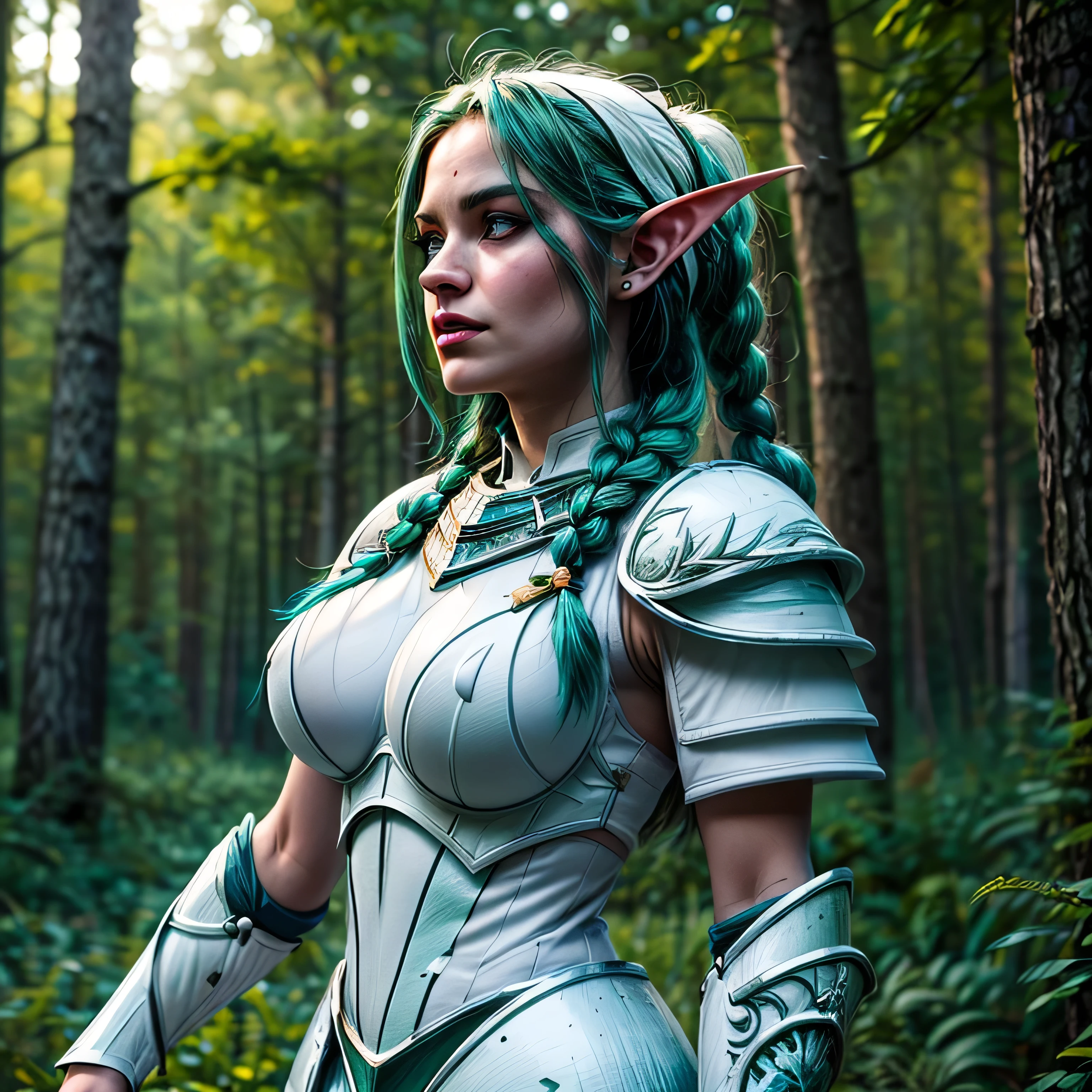 (masterpiece, photorealistic:1.4, extremely intricate:1.3), (photon mapping, radiosity, physically based rendering, ultra resolution, hyper-realistic, 8K), ((beautiful tyrande stand up twin braids, green eyes, ((((white armor)), [medium breasts:large breasts:0.3], [skin detail:freckles:0.9])), pauldrons, forest, upper torso)), background outdoor, flowers, glowing butterflies, bokeh, sunset, [aqua hair:blonde hair:0.8]