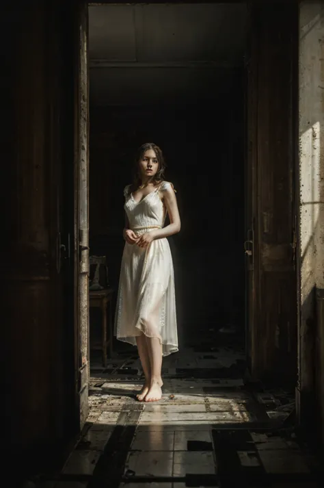 Oil painting by Nick Alm, a beautiful young woman, full length, stands ((woman looks at camera)) standing, long white dress, tra...