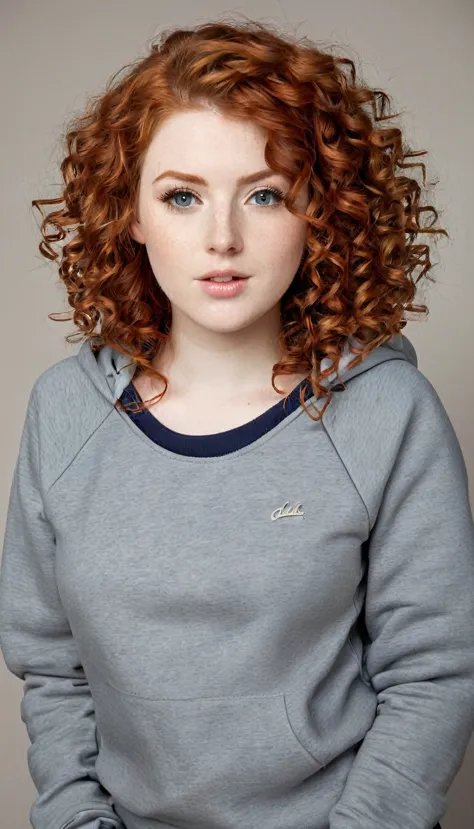 woman, redhead hair, curly hair, with sweatshirt