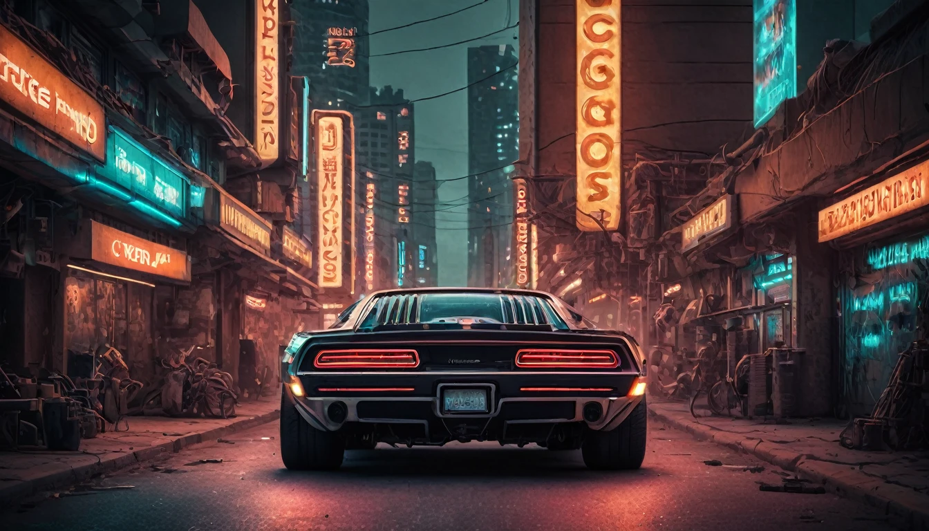 Hyper realistic,metal,professional photo of a futuristic muscle car with multiple modifications, large wheels, driving, cybernetic hood, cyber car parts, front pop up headlights, science fiction, sci-fi scenario, (night), natural light, cyberpunk, futuristic city, cyberpunk city, neon signs, highly detailed, (highly detailed background), multiple buildings in the background, detailed textures, wide angle, 8k, HDR, professional photoshoot, high quality photo, realistic photo, realistic shadows, detailed shadows, realistic proportions,film grain, raw photo,(front),