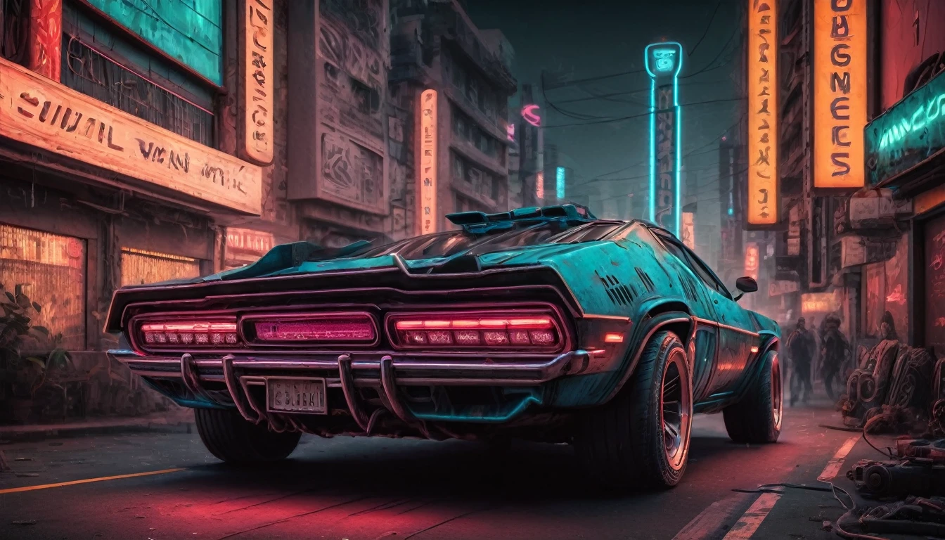 Hyper realistic,metal,professional photo of a futuristic muscle car with multiple modifications, large wheels, driving, cybernetic hood, cyber car parts, front pop up headlights, science fiction, sci-fi scenario, (night), natural light, cyberpunk, futuristic city, cyberpunk city, neon signs, highly detailed, (highly detailed background), multiple buildings in the background, detailed textures, wide angle, 8k, HDR, professional photoshoot, high quality photo, realistic photo, realistic shadows, detailed shadows, realistic proportions,film grain, raw photo,(front),