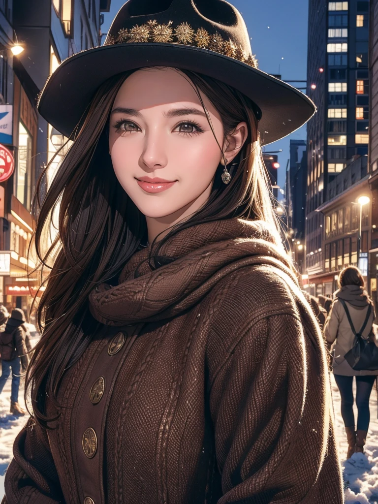 Ultra-detailed, In the winter scenery of the city center、Realistic cowgirl with dark hair smiling and looking at the audience. One imagem tem a melhor qualidade, 4K resolution, High resolution, It&#39;s a masterpiece (Strength 1.2). This scene captures the essence of spring in the city center.. One