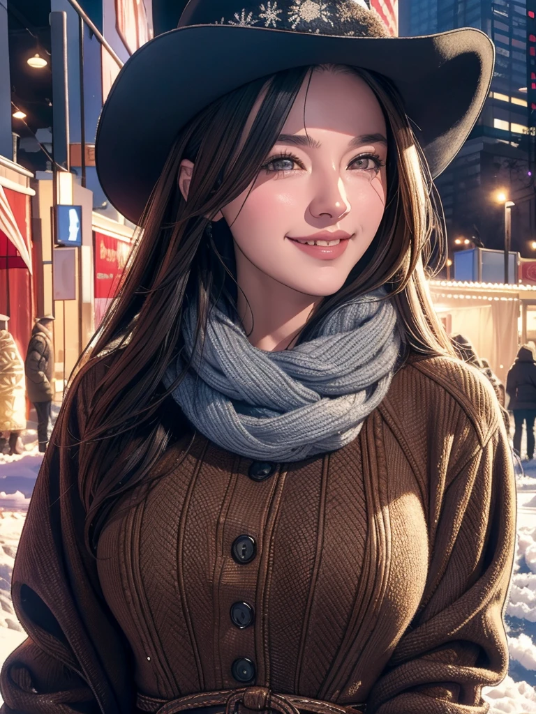 Ultra-detailed, In the winter scenery of the city center、Realistic cowgirl with dark hair smiling and looking at the audience. One imagem tem a melhor qualidade, 4K resolution, High resolution, It&#39;s a masterpiece (Strength 1.2). This scene captures the essence of spring in the city center.. One